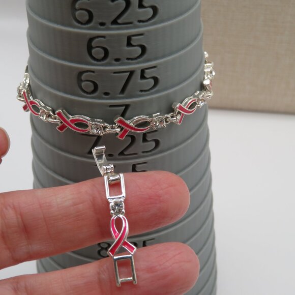 Avon Pink Ribbon Breast Cancer Awareness Silver Tone Rhinestone Tennis Bracelet - Picture 7 of 9